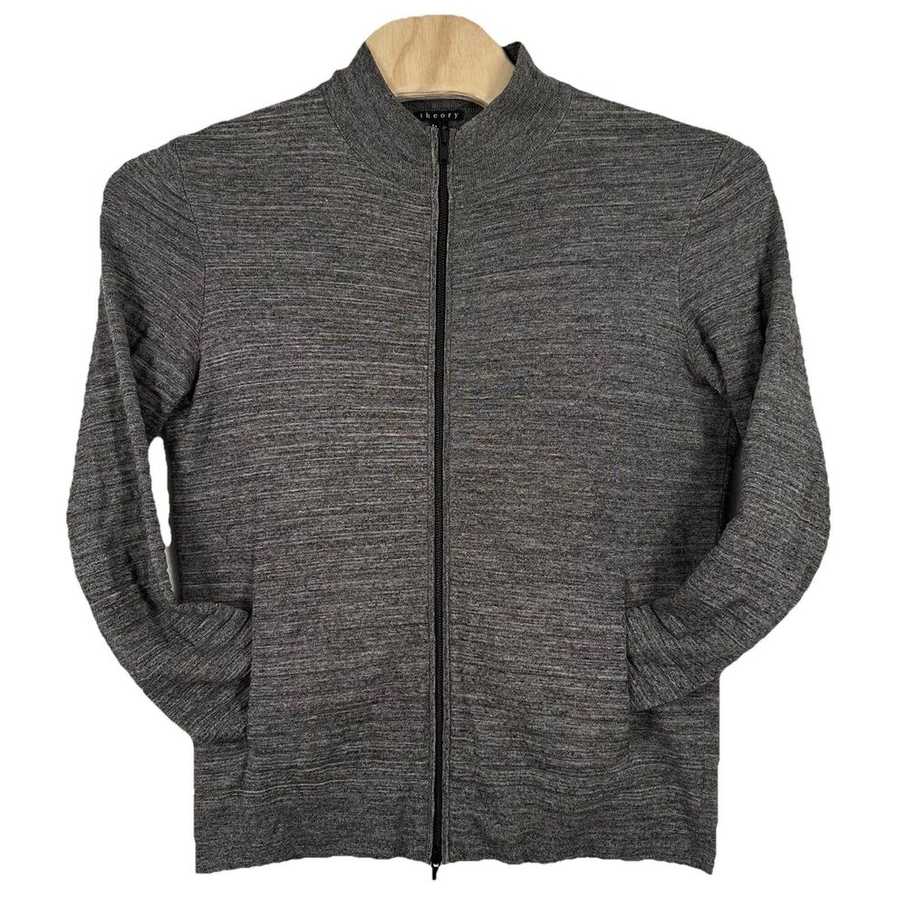 Theory Full Zip Mens Cardigan Large Alpaca Blend Gray Belamo Sweater Pockets